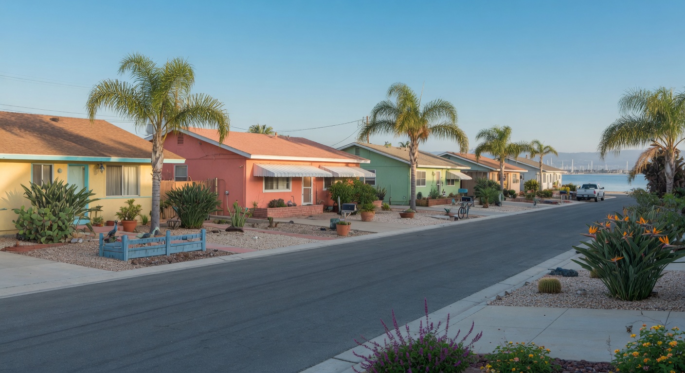 A residential street in Imperial Beach with xeriscaped yards and palm trees