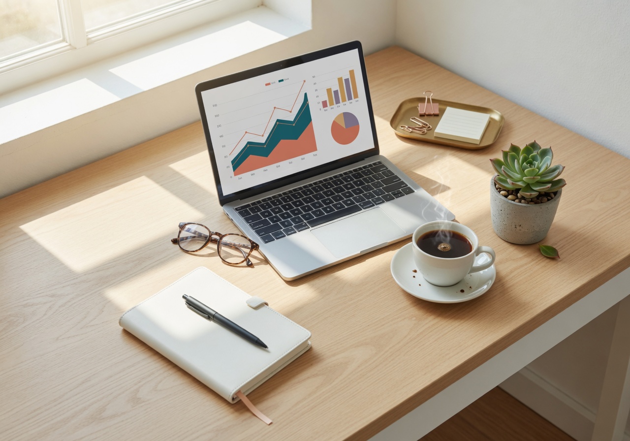 Professional desk with market analysis on a laptop screen