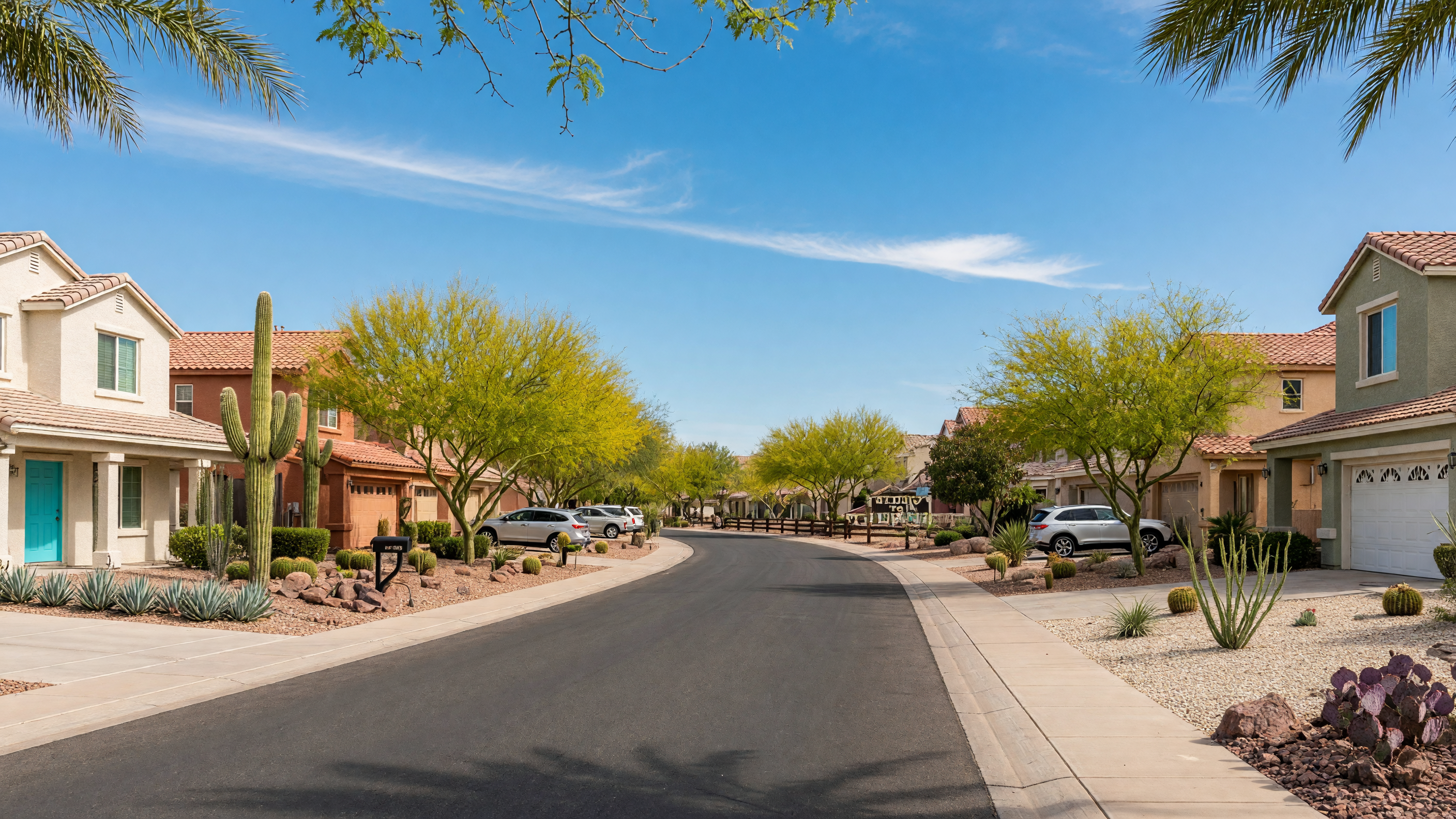 Tree-lined residential street in Gilbert, Arizona with modern suburban homes, desert landscaping, and warm sunshine