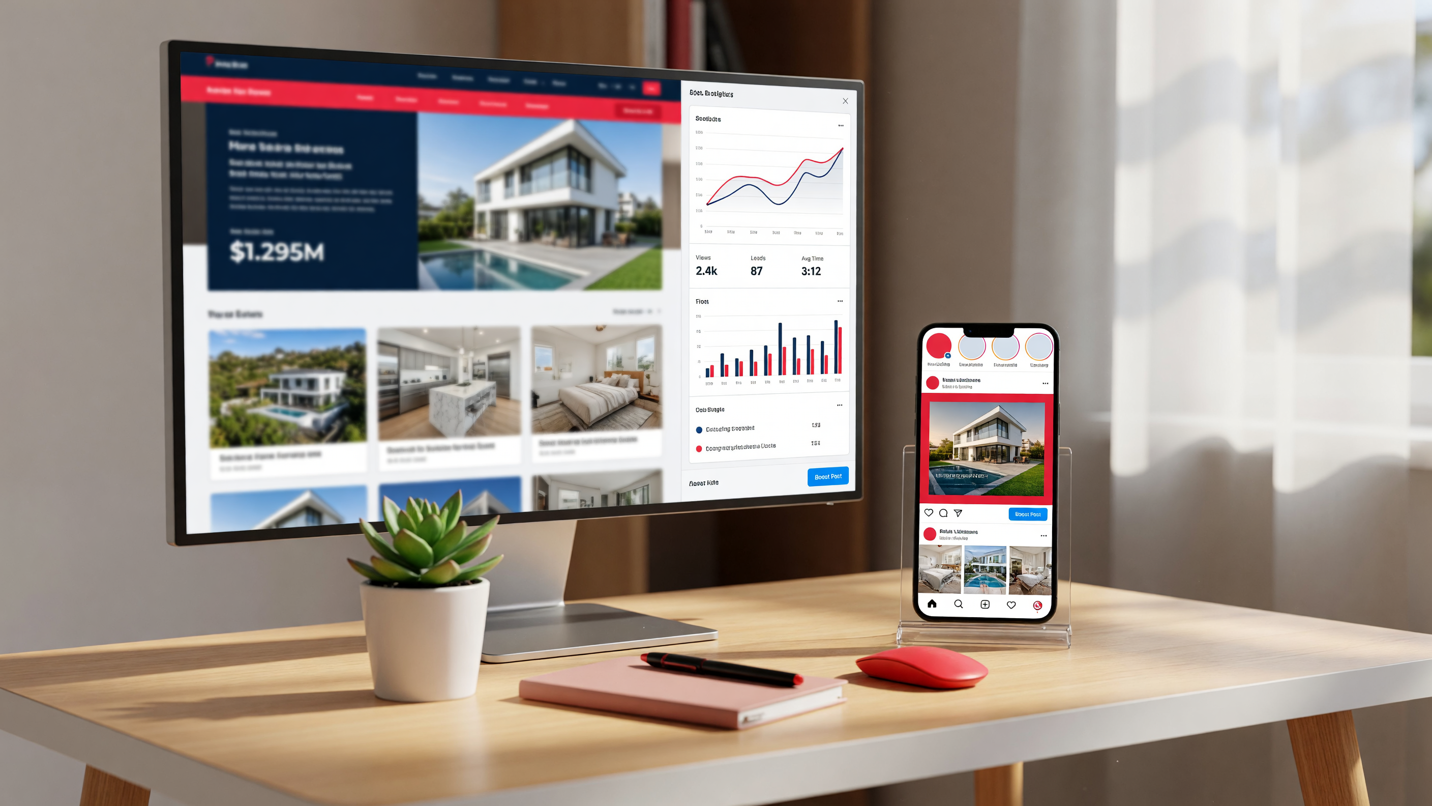 Modern desk with a large monitor displaying a real estate listing website, analytics dashboard, and social media marketing on a smartphone