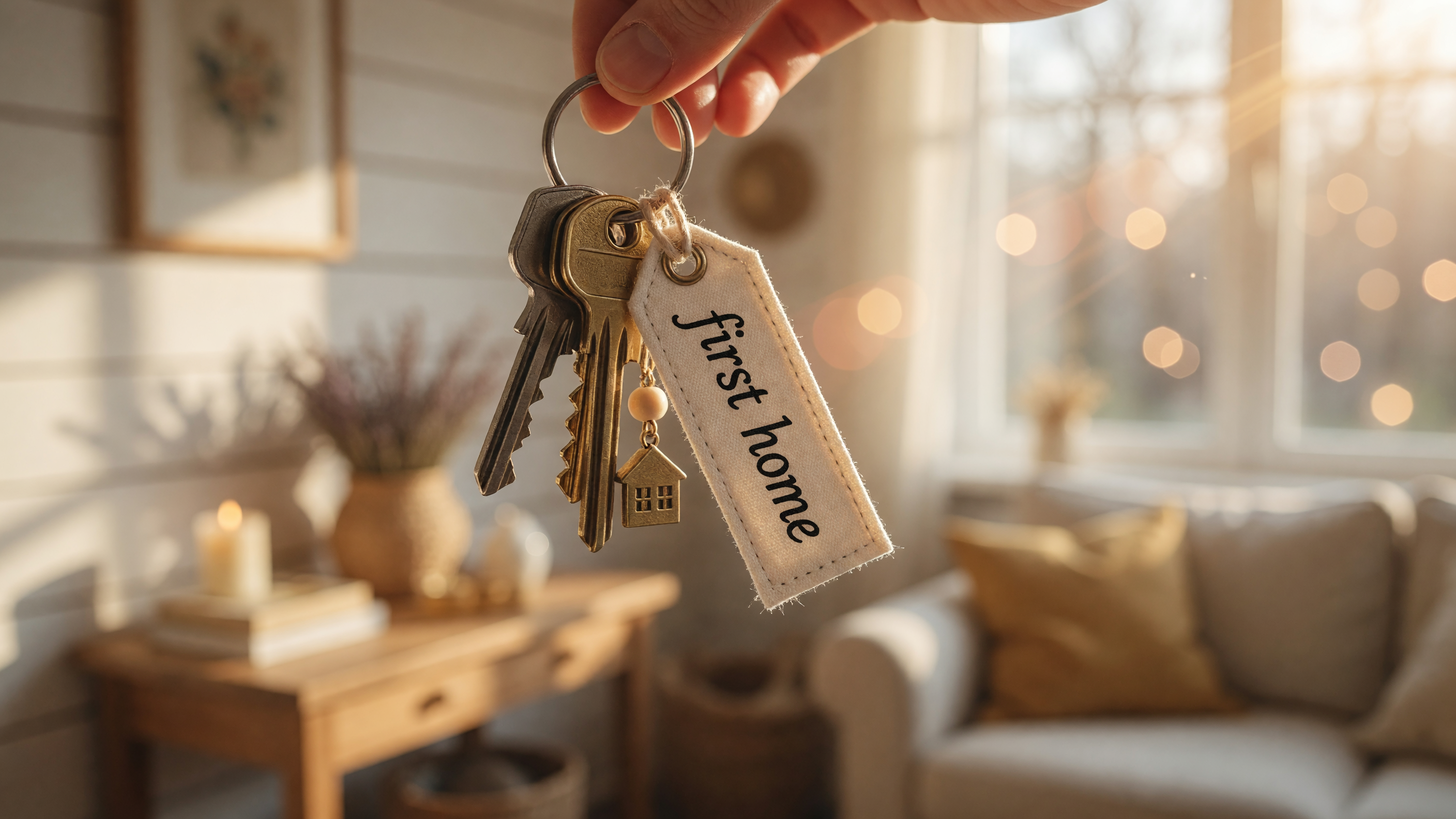 Close-up of house keys held in warm light with a cozy home interior softly blurred in the background