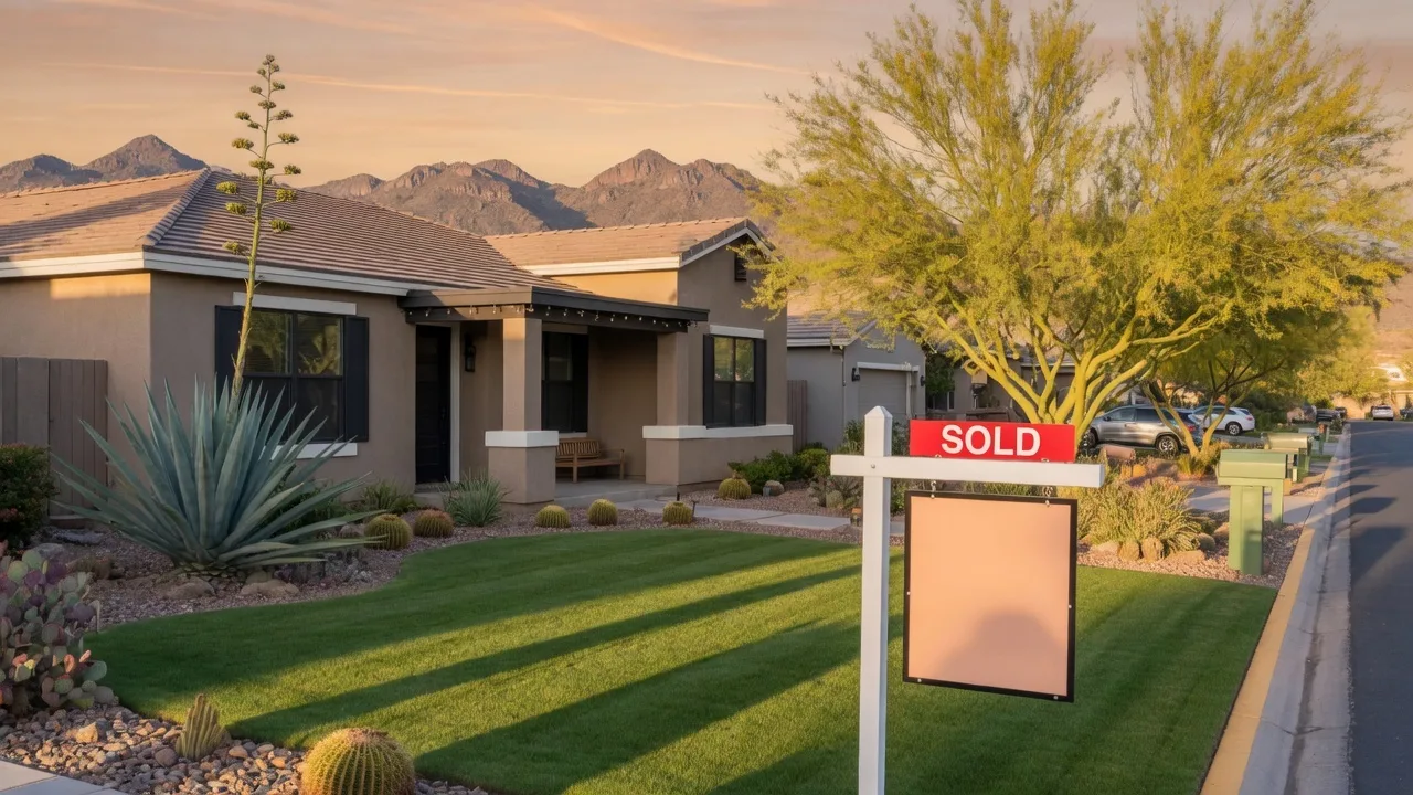 Modern Arizona suburban home with a sold sign in the front yard at golden hour, desert landscaping and mountain views