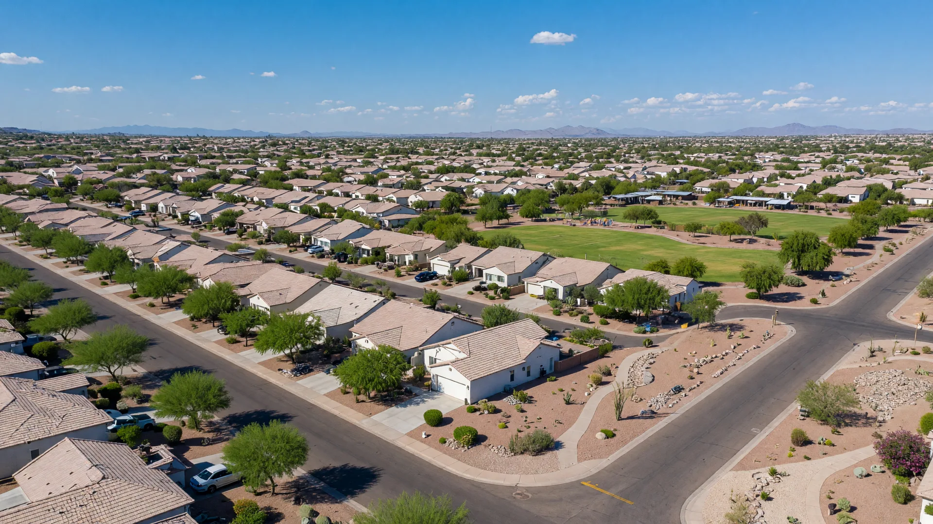 Gilbert Arizona suburban neighborhood with tree-lined streets and desert homes