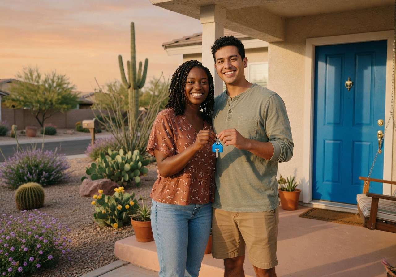 Happy couple holding a house key in front of their new home