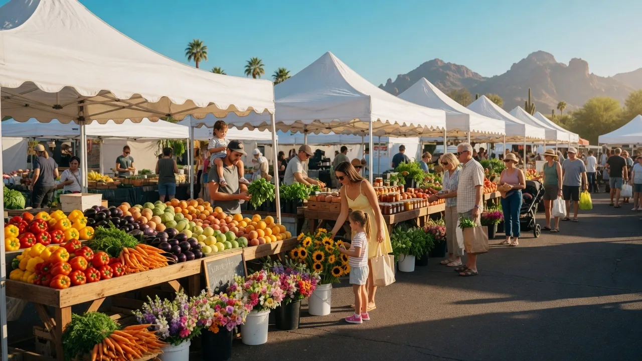 Sunny Saturday morning farmers market in Gilbert Arizona with white canopies, fresh produce, and families shopping