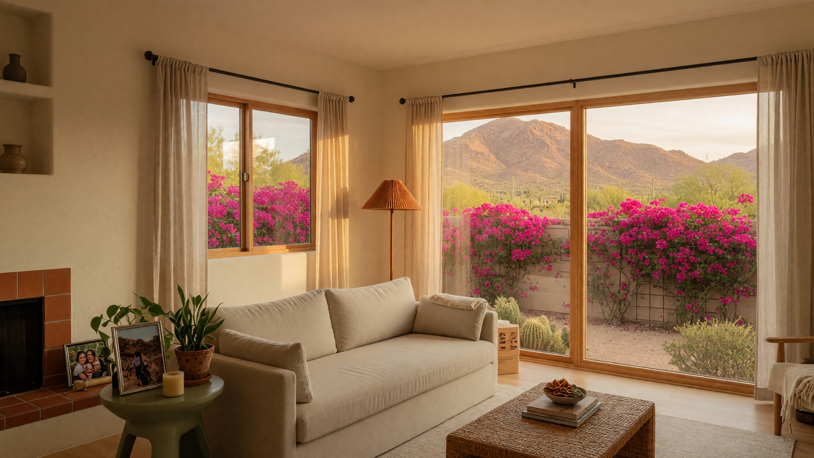 Sunlit, minimalist Arizona living room with curated furniture, personal touches, and desert mountain views through large windows