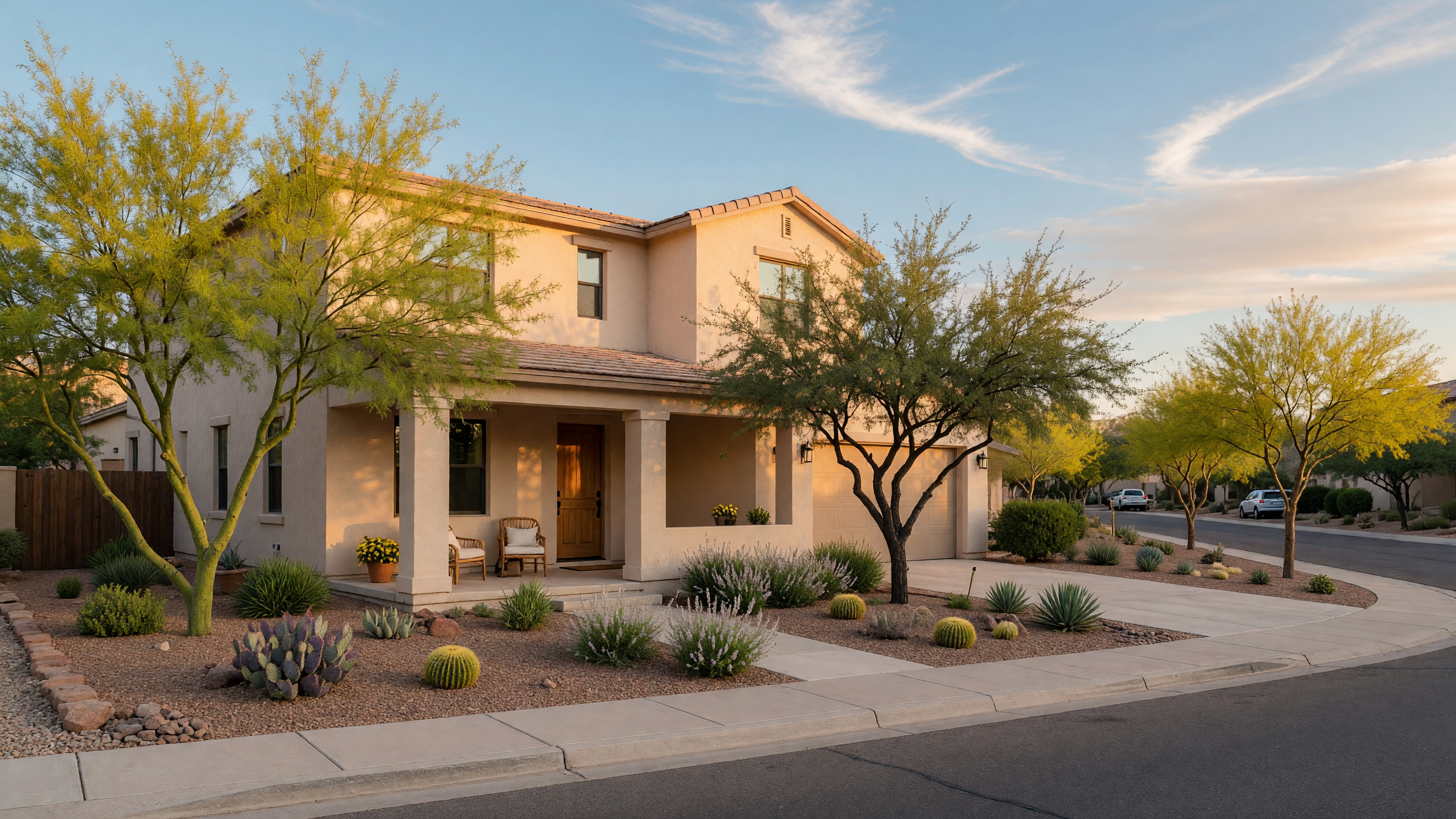 Modern suburban home in Gilbert, Arizona with desert landscaping and warm afternoon light