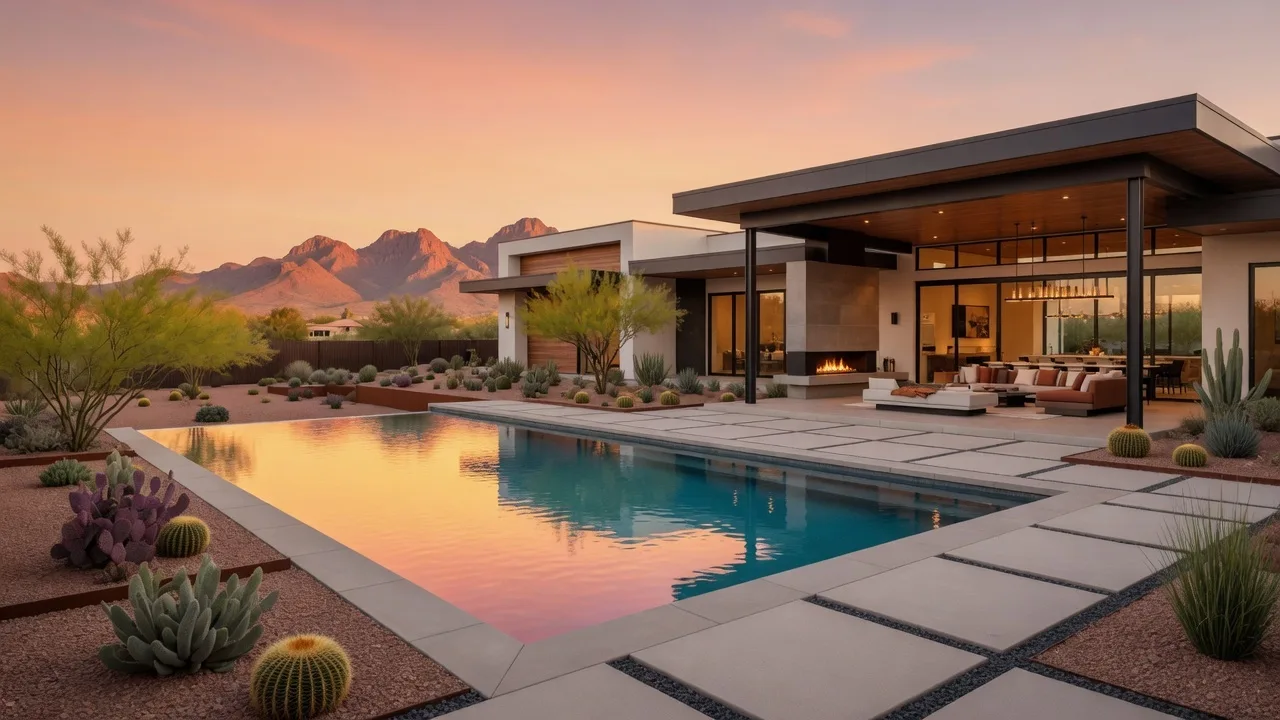 Stunning modern Arizona home with a pool and outdoor living space, mountain views at golden hour