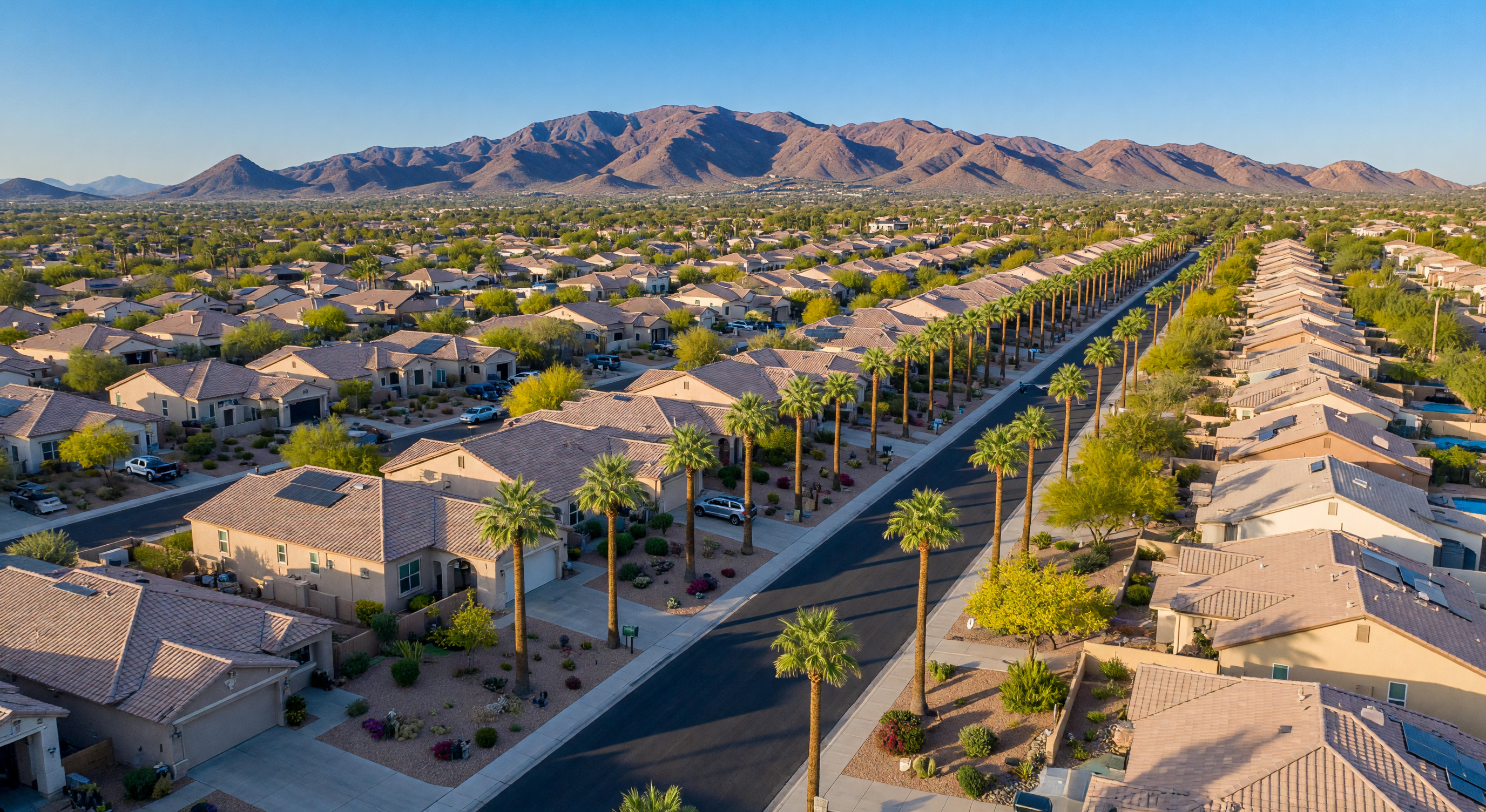 Aerial view of Gilbert, Arizona with tree-lined suburban streets