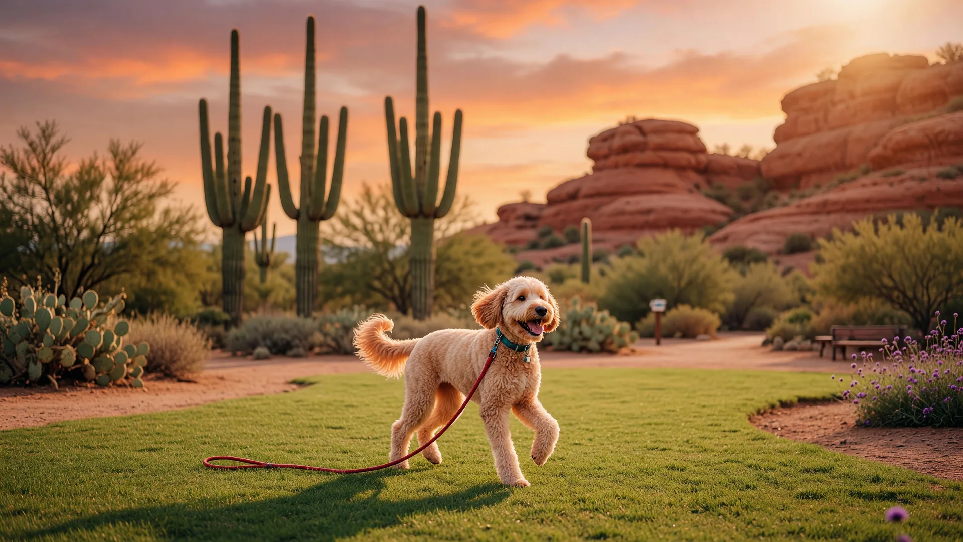 Golden doodle playing in a sunny Arizona desert park at golden hour with saguaro cacti and warm sunset light