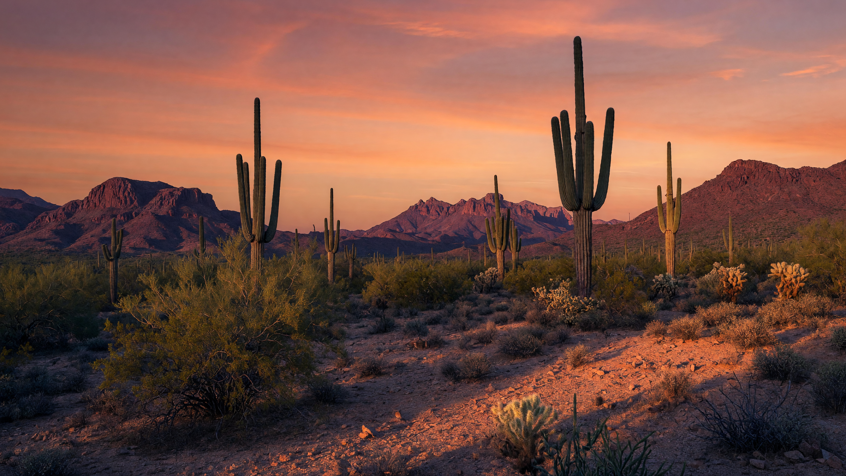 Sonoran Desert sunset with saguaro cacti and desert mountains in warm golden light