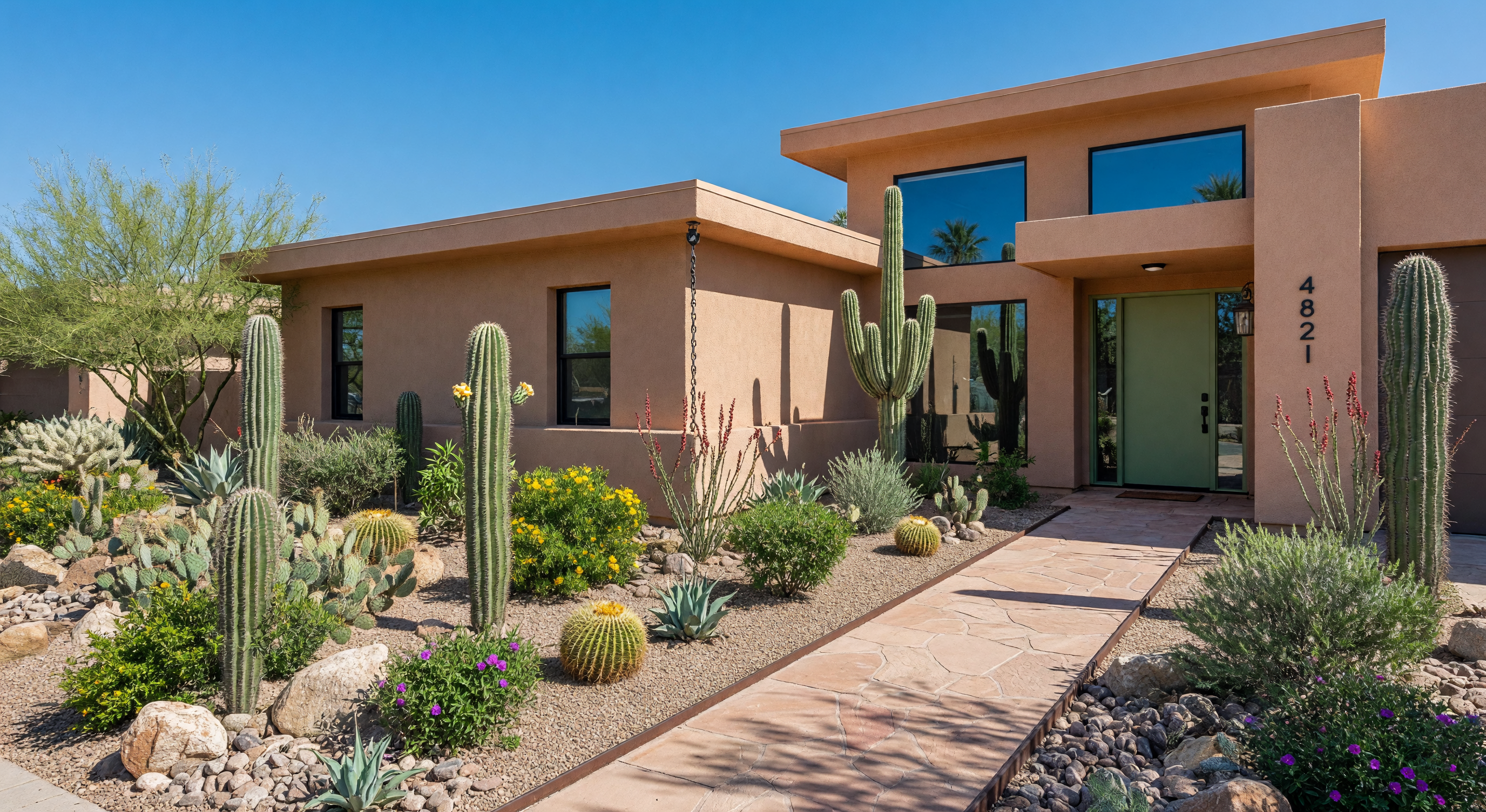 Desert landscape with modern homes and mountain views in East Phoenix