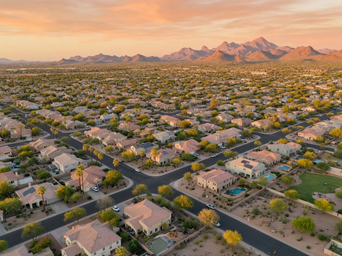 Aerial view of Gilbert, Arizona suburban neighborhoods at golden hour with tree-lined streets and mountain views