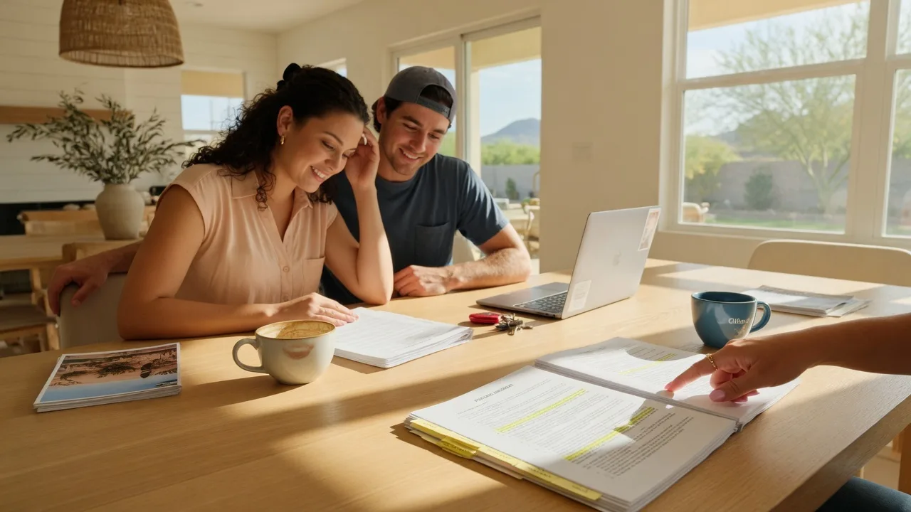 A couple reviewing real estate documents with an agent at a sunlit farmhouse table in Gilbert, Arizona