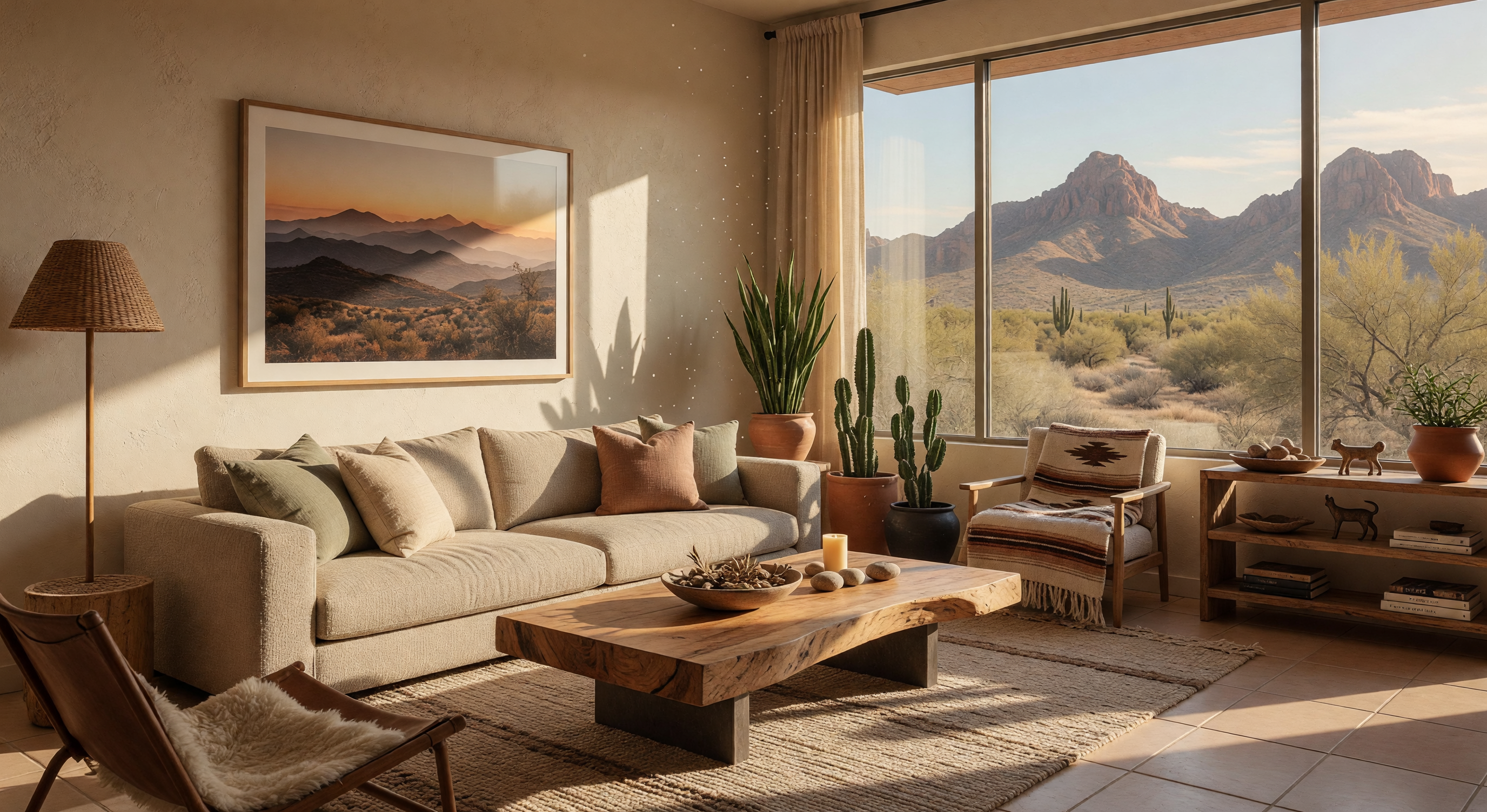Bright modern home interior with large windows and mountain views in East Phoenix