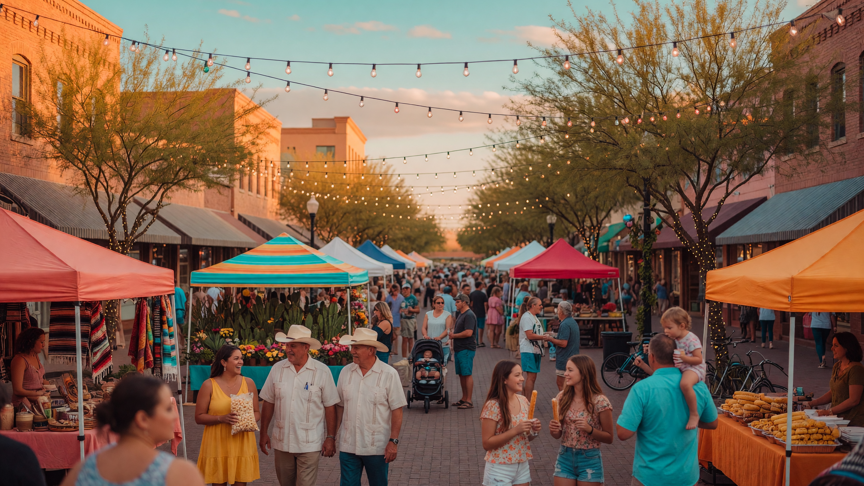 Outdoor community market with string lights and vendor tents in downtown Gilbert