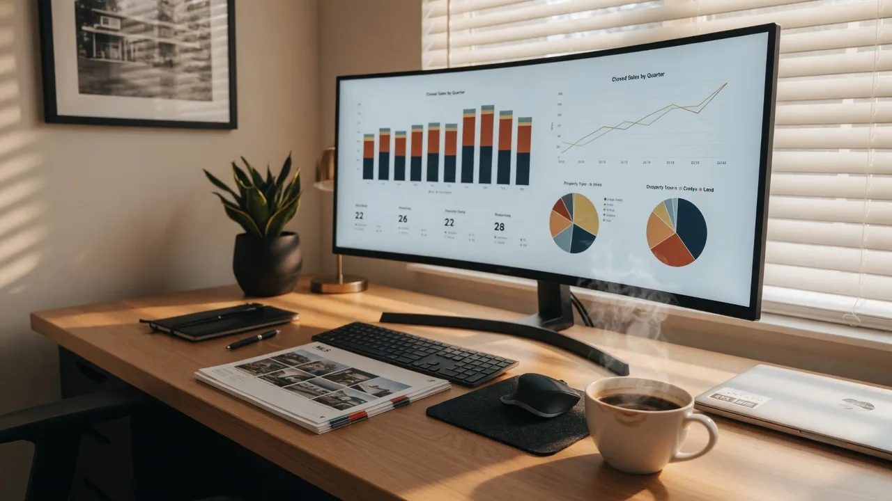 Modern home office desk setup with a large monitor displaying real estate data, a coffee cup, and warm natural light