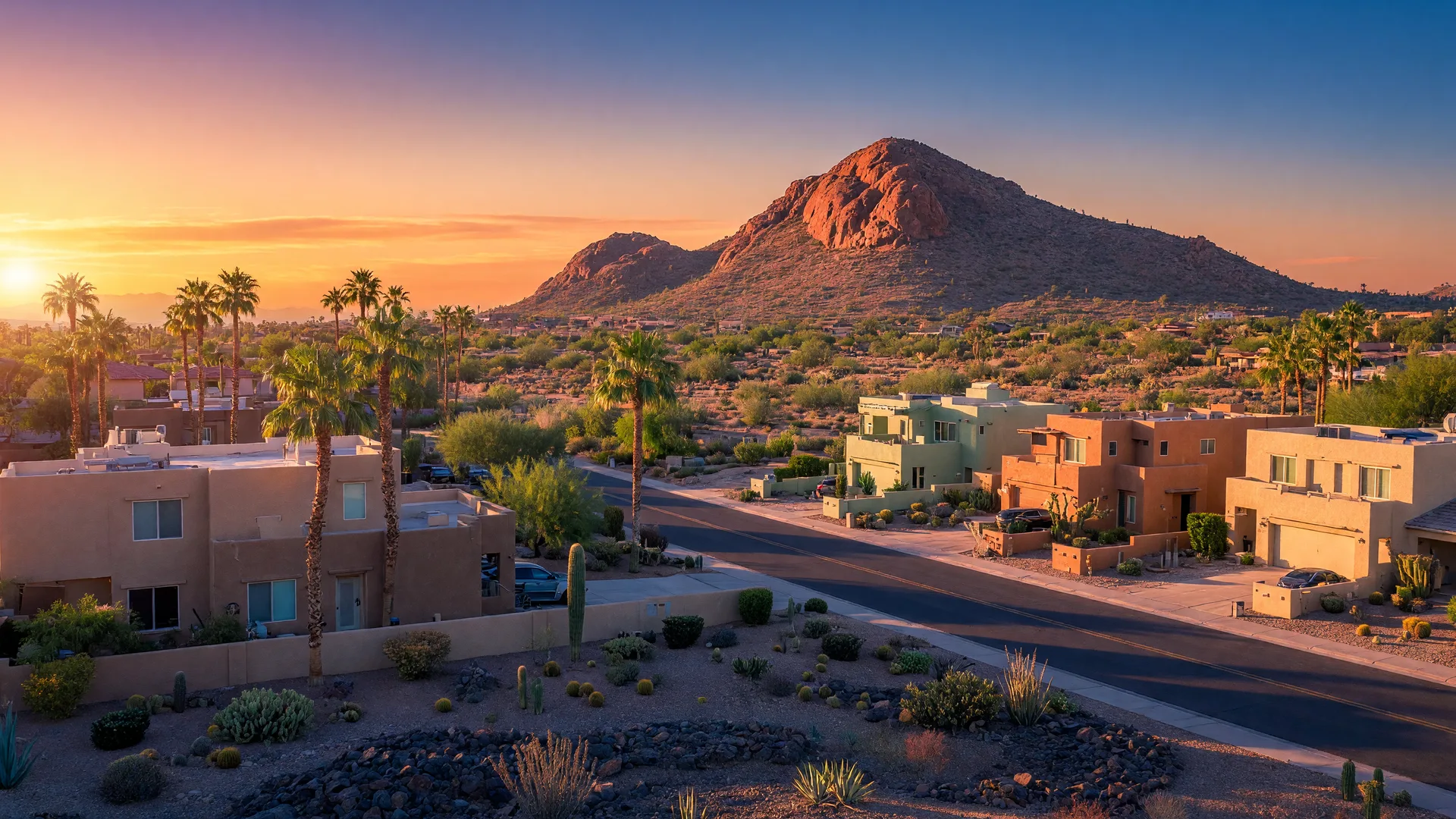 Eastside Phoenix corridor with desert mountain backdrop and suburban homes at golden hour