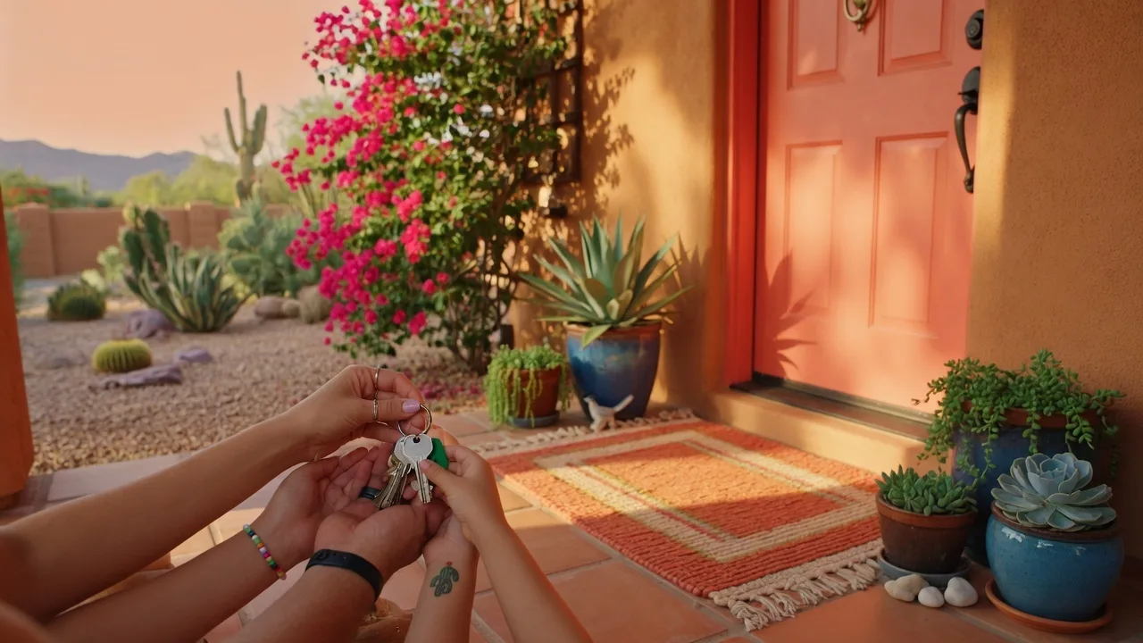 Hands holding house keys in front of a welcoming Arizona home entrance with potted succulents and golden afternoon light