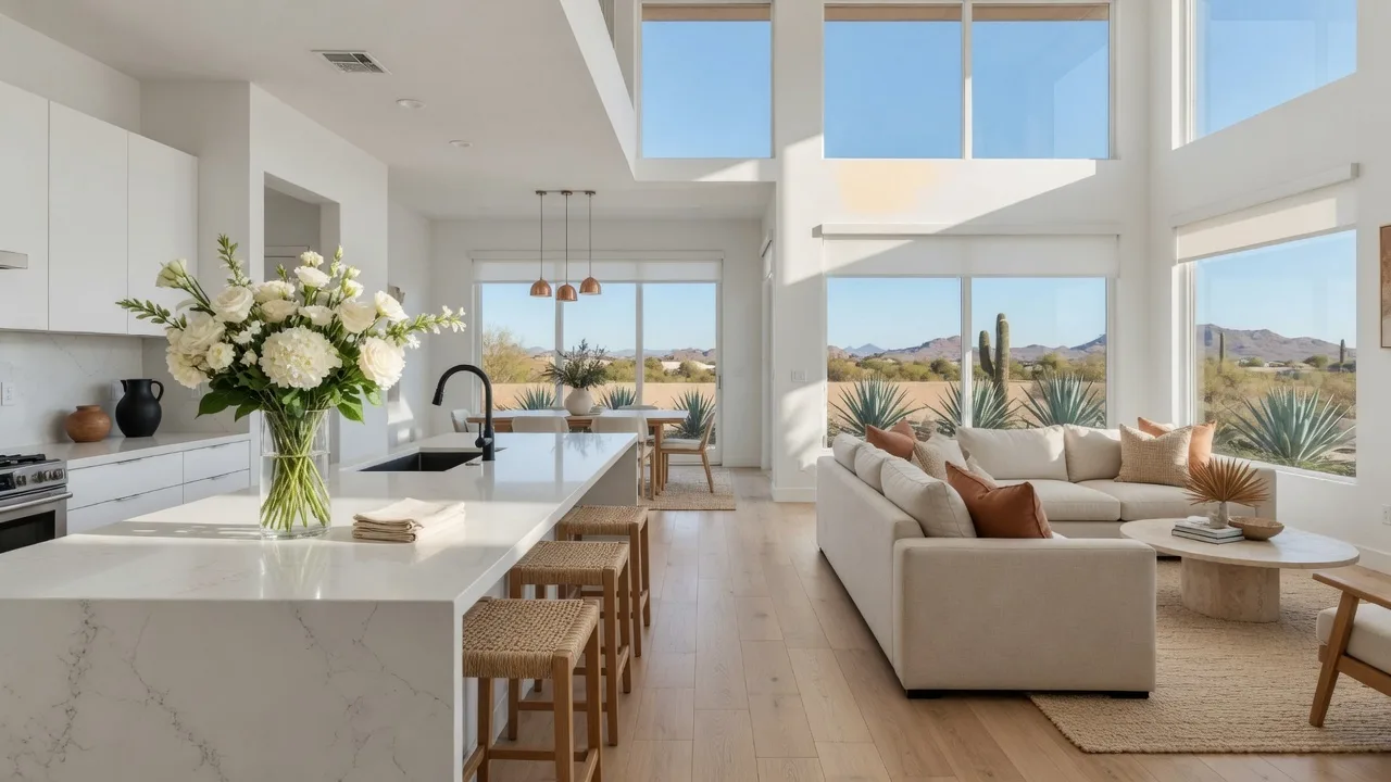 Bright modern open-concept home interior with white walls, large windows, and a kitchen island in natural daylight