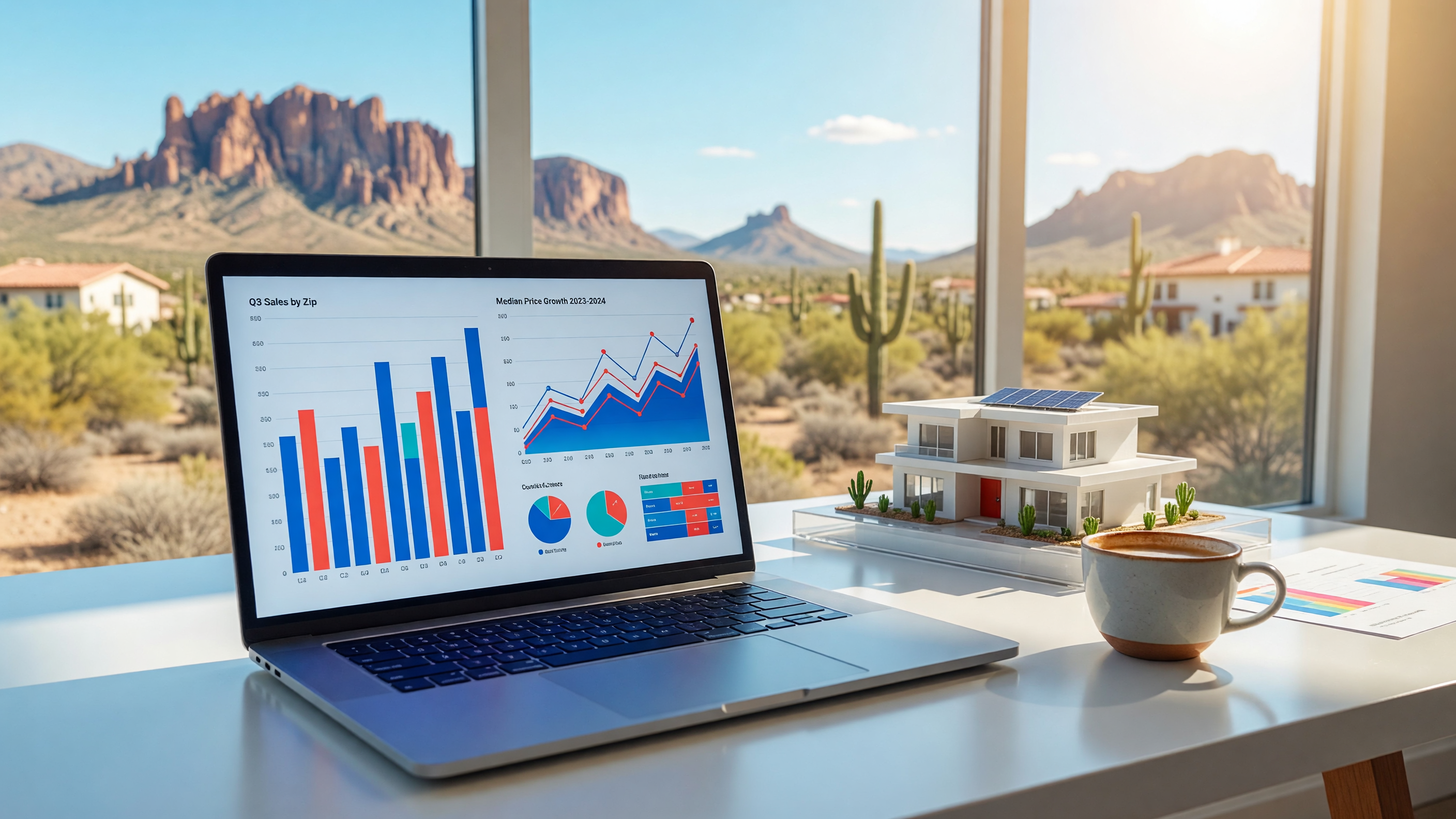 Laptop screen showing colorful real estate data charts and analytics on a modern desk with a model home