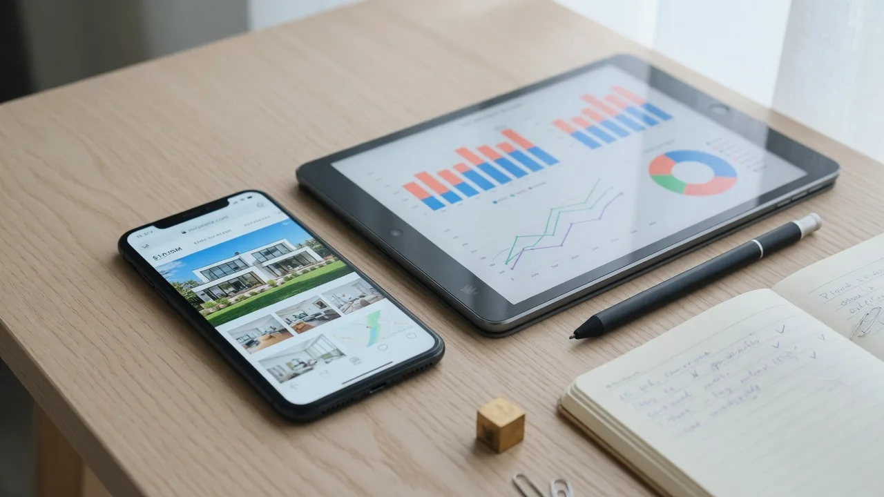 Smartphone and tablet on a modern desk showing a real estate listing website and data charts with natural window light