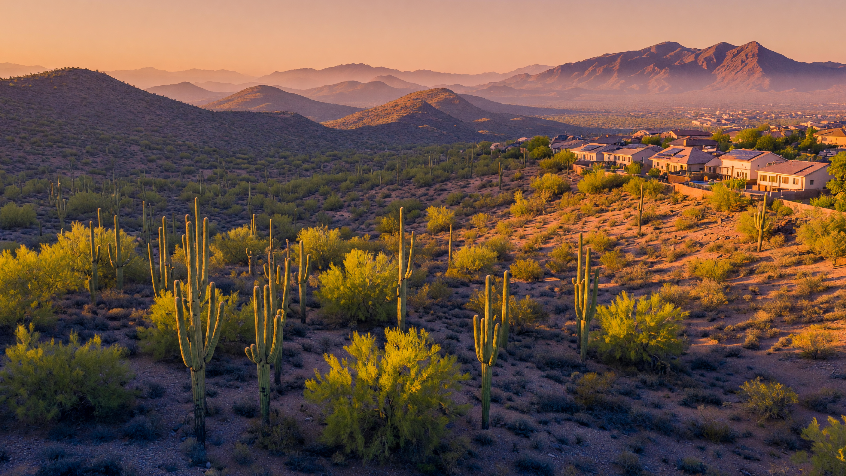 Golden-hour aerial view of the Sonoran Desert near Gilbert, Arizona with mountains in the distance