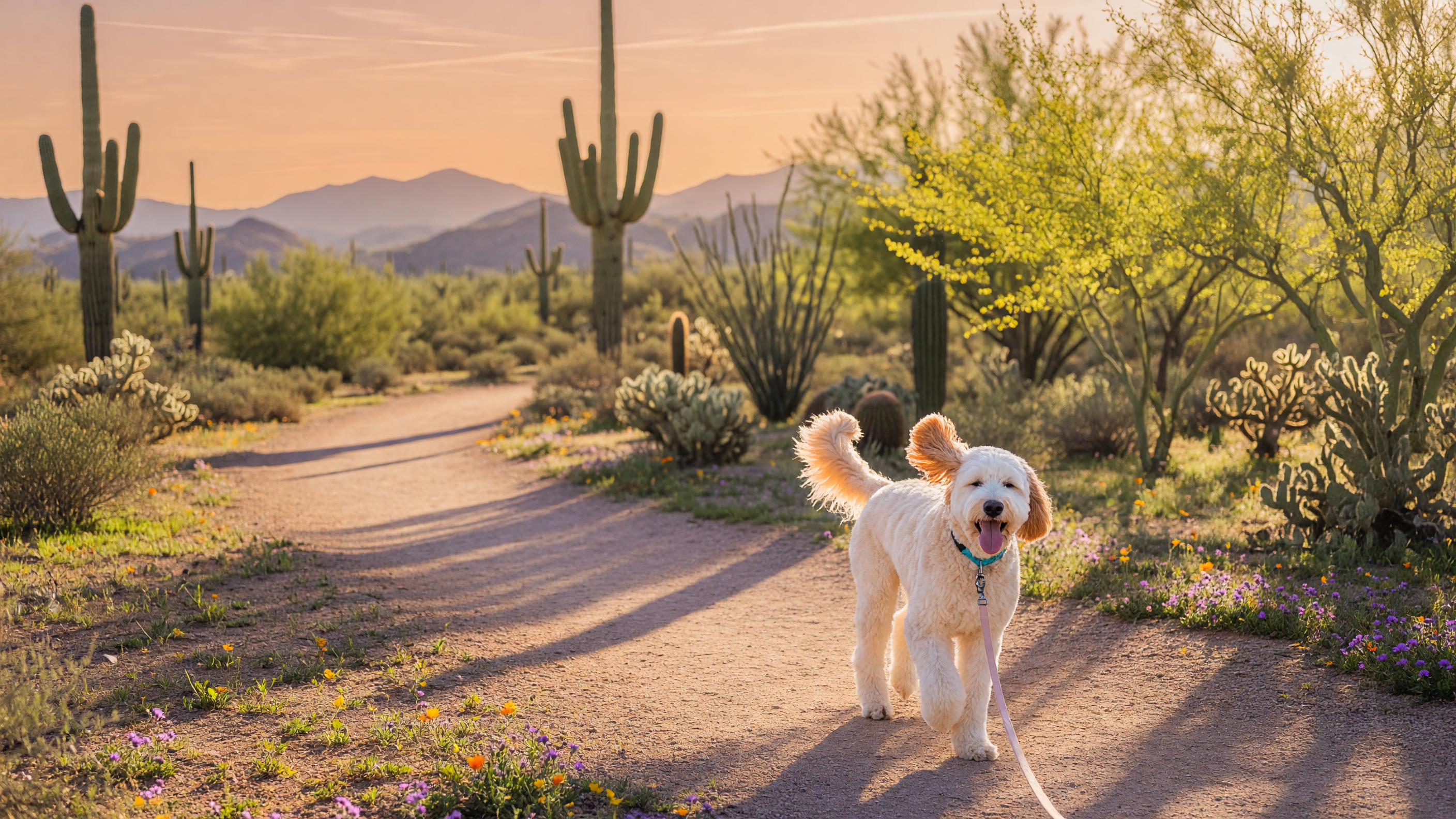 Winston, Tricia Manara's fluffy white goldendoodle, walking on a dog-friendly desert trail in Gilbert AZ at golden hour