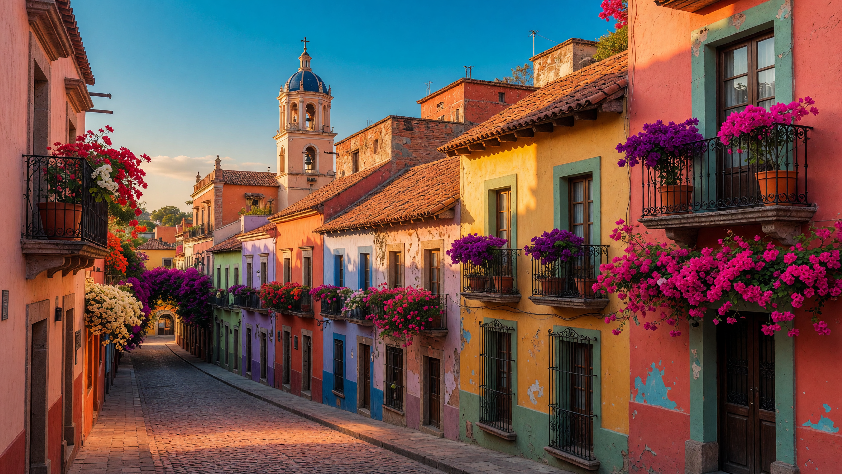 Colorful Mexican colonial town with terracotta rooftops and bougainvillea
