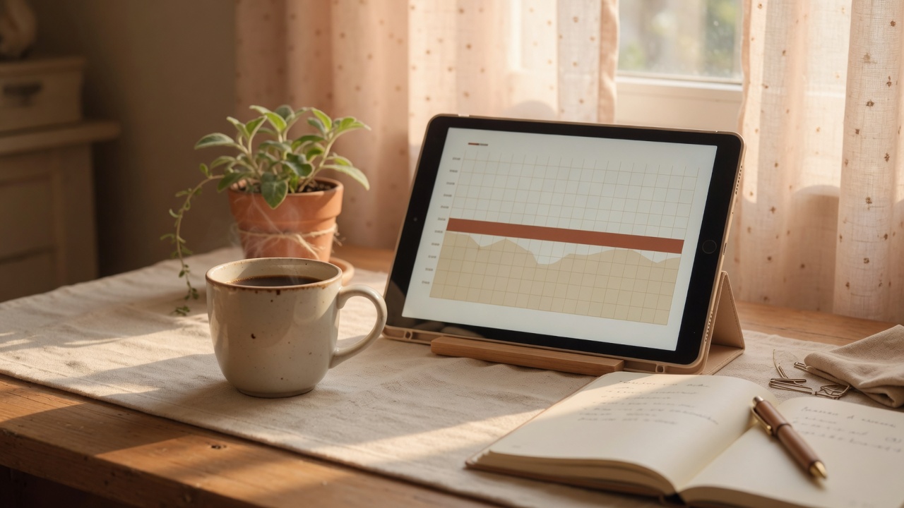 A calm morning coffee scene with a tablet showing steady financial charts, symbolizing the Bank of Canada rate hold