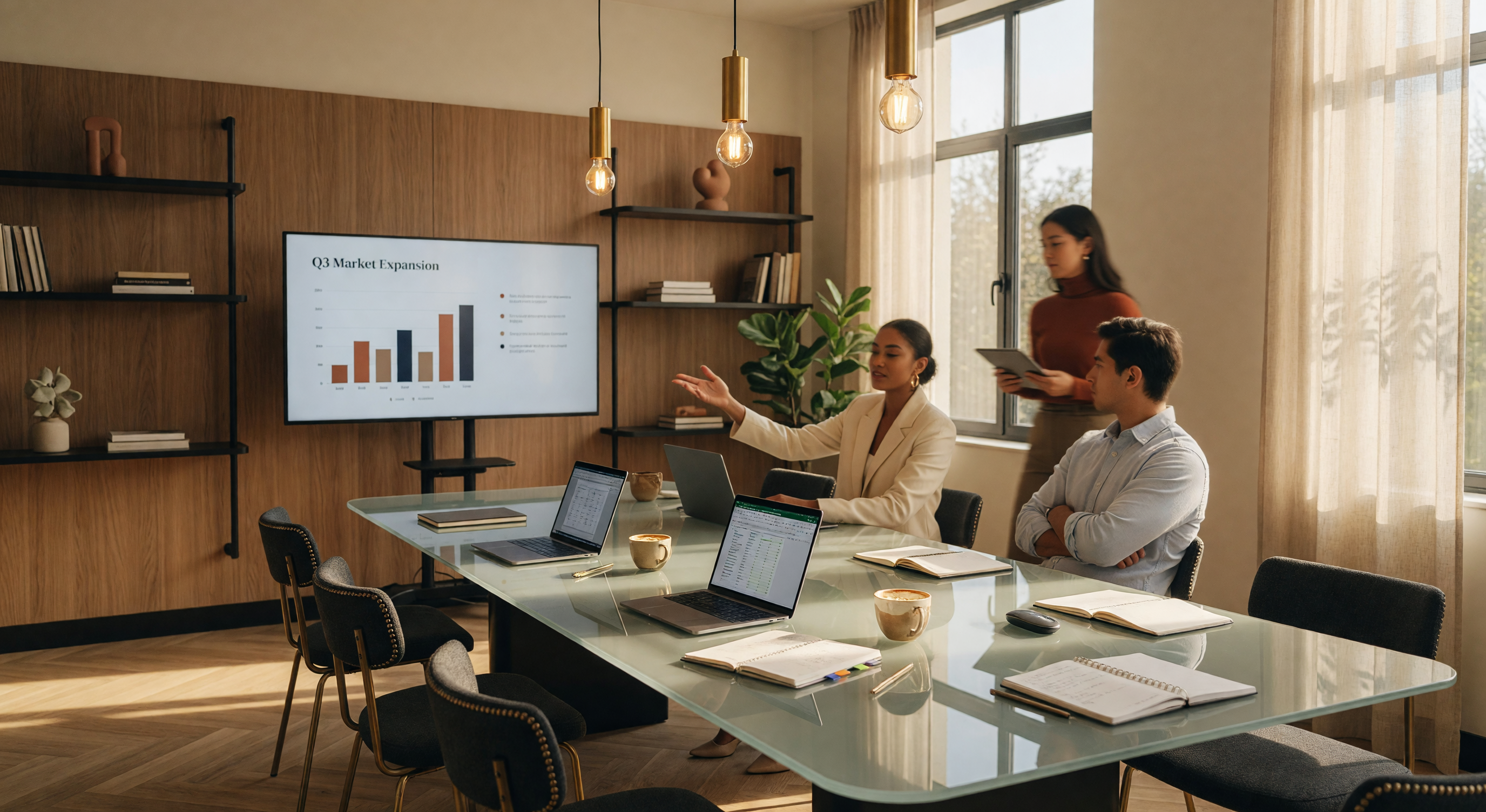 Modern boardroom with warm natural lighting where real estate professionals gather for coaching and strategy sessions