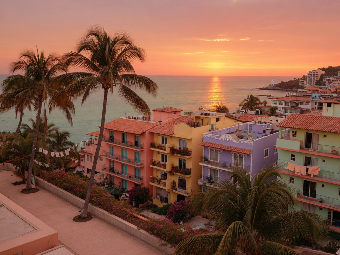 Mexican coastal town at sunset with palm trees