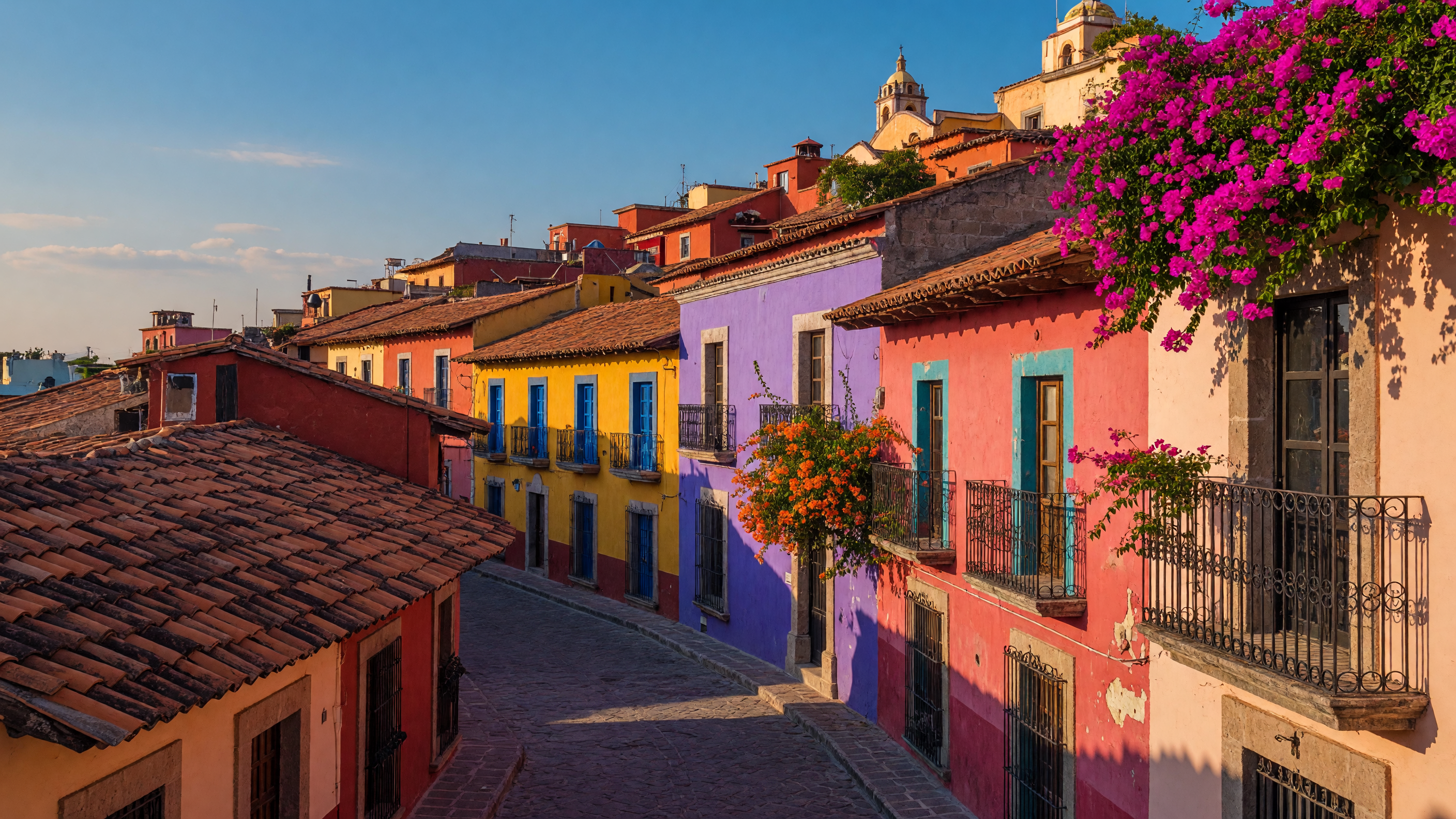 Colorful Mexican town with colonial architecture and bougainvillea