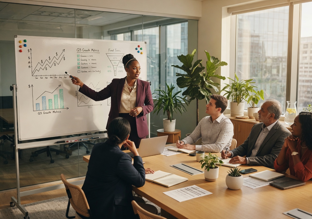 Real estate coaching session with agents gathered around a conference table for a strategy presentation