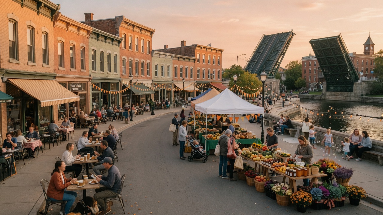 Downtown Welland with local restaurants, cafes, and canal-side gathering spaces