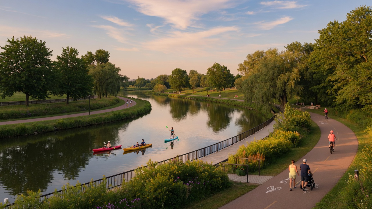 The Welland Recreational Waterway with kayakers and waterfront trails