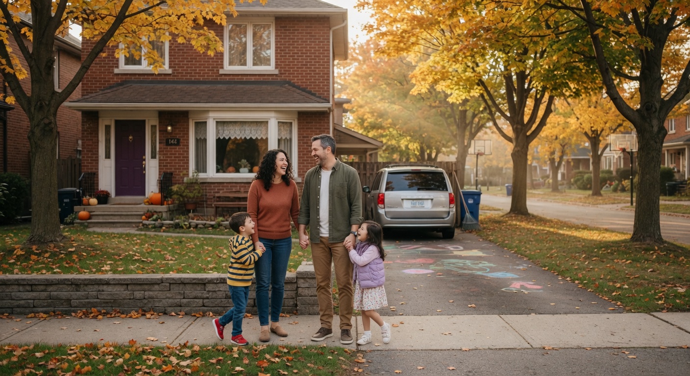 A happy family standing in front of their Hamilton home