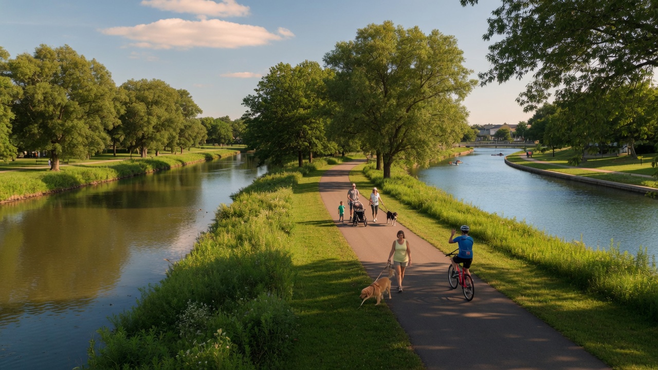 Merritt Island park trails in Welland, Ontario — lush green paths surrounded by water