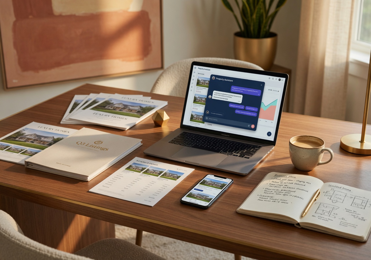 Modern workspace with AI tools and business technology for real estate professionals
