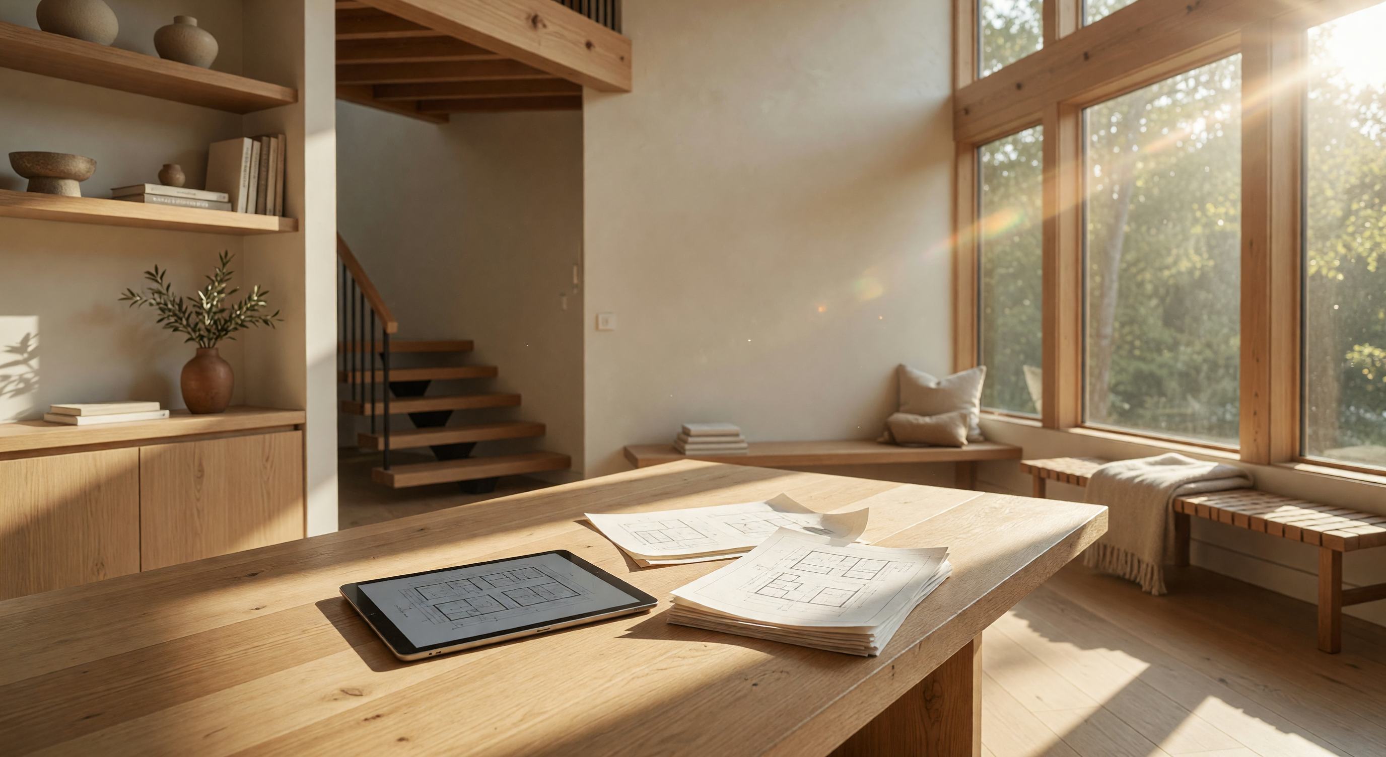 Oak table with papers and blueprints in a warm modern office representing real estate guidance