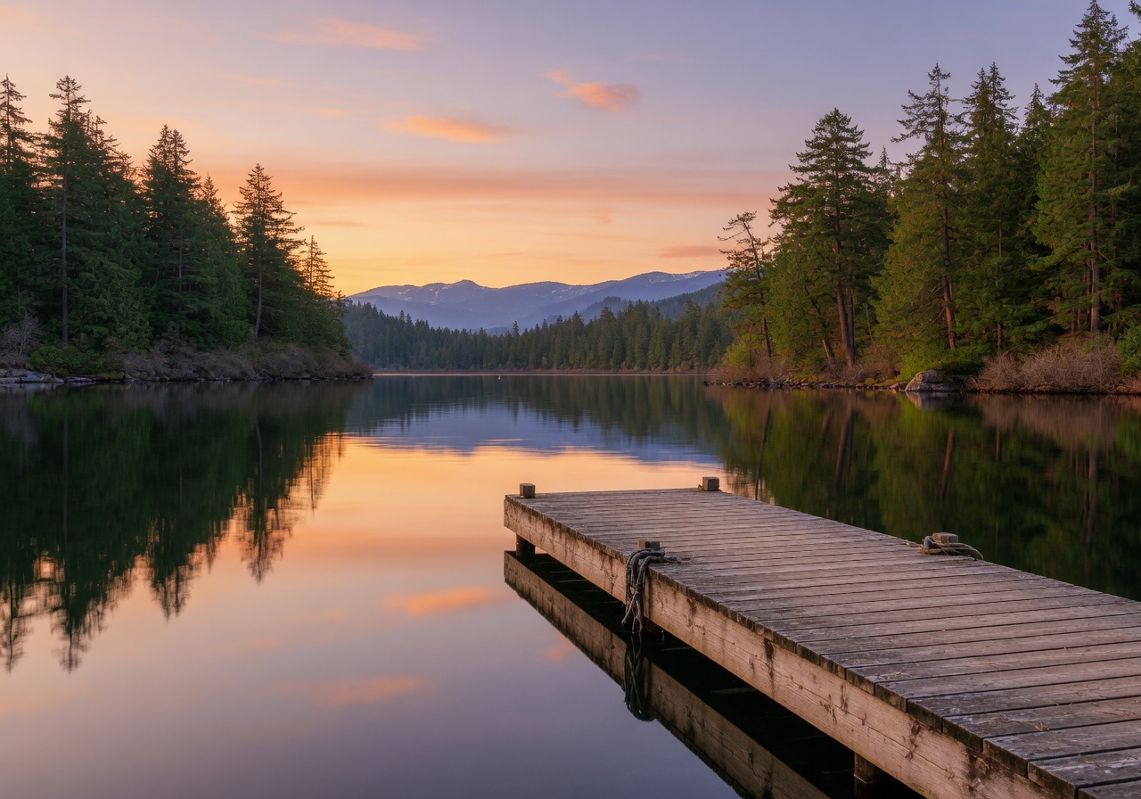Gorgeous glossy sunset dock extending into calm Glen Lake in Langford BC