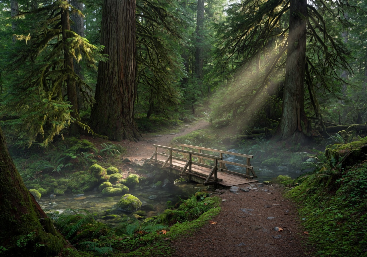 Beautiful wooded footbridge spanning a clear stream inside temperate old-growth Goldstream Provincial Park forest