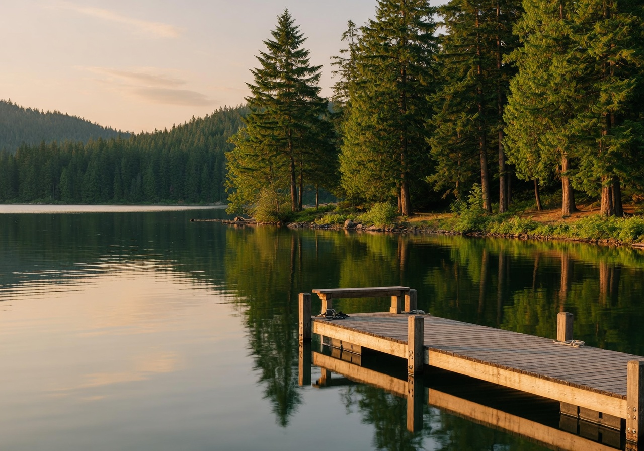Quiet evergreen trees and rustic wooden dock with calm water reflections at sunset on Glen Lake
