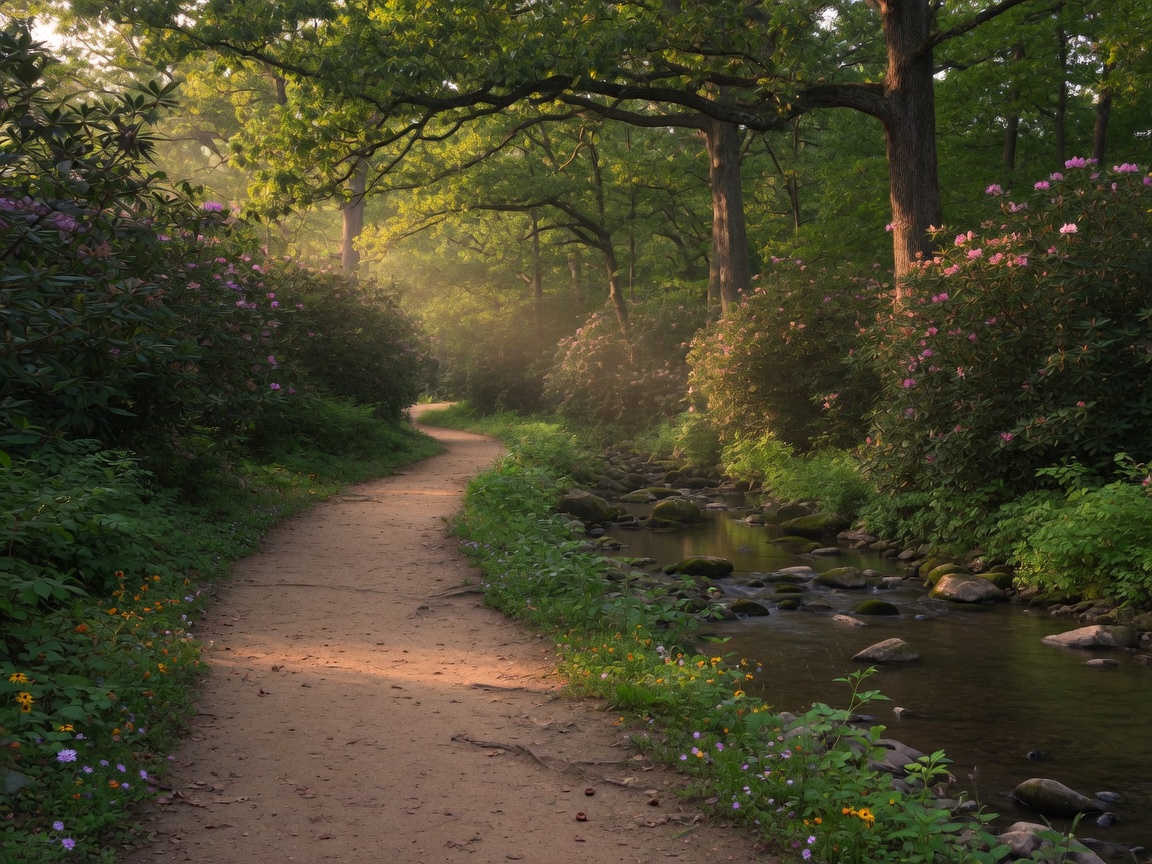 Woodland trail along Wissahickon Creek in Mt Airy Philadelphia, with tall oaks and sunlight filtering through the canopy