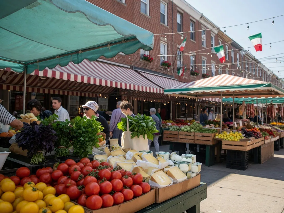 Vibrant produce stalls and vendor awnings at the 9th Street Italian Market in South Philadelphia on a bright morning