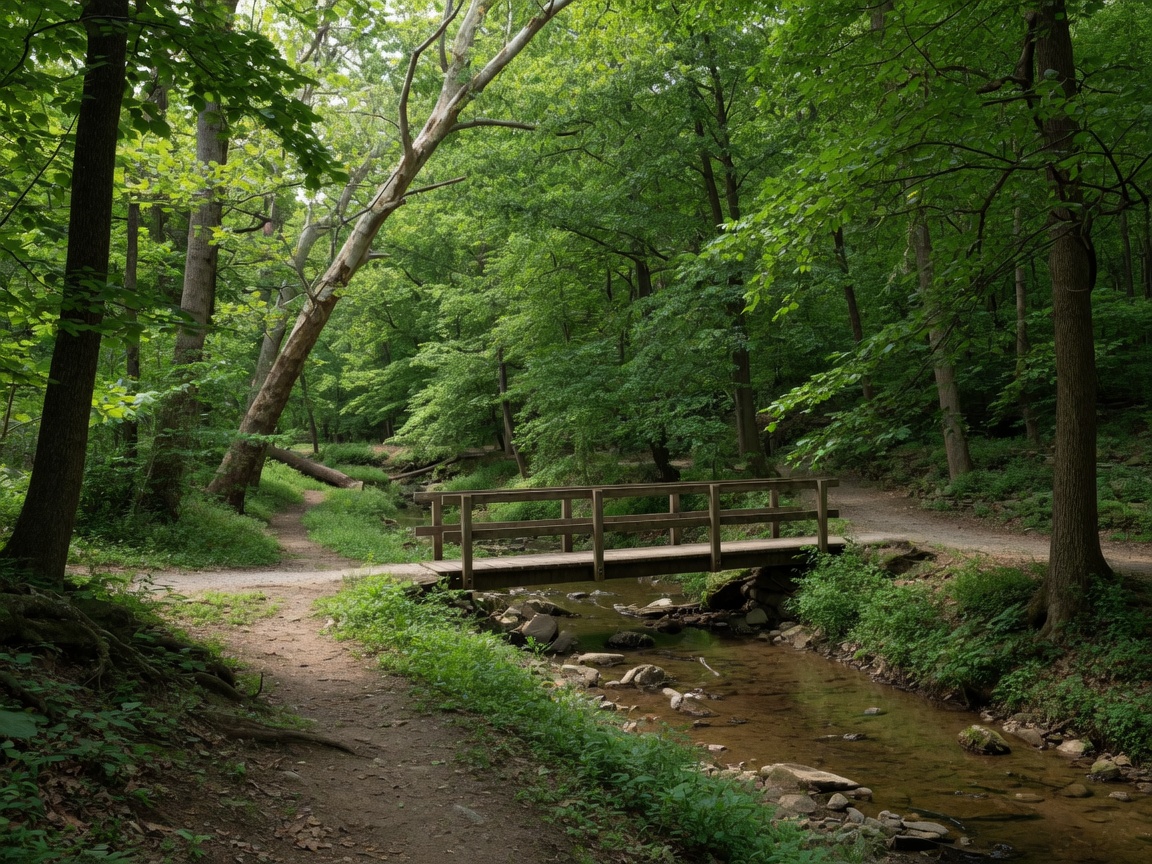 A peaceful wooded trail in the Wissahickon Valley near Chestnut Hill, with a creek and footbridge