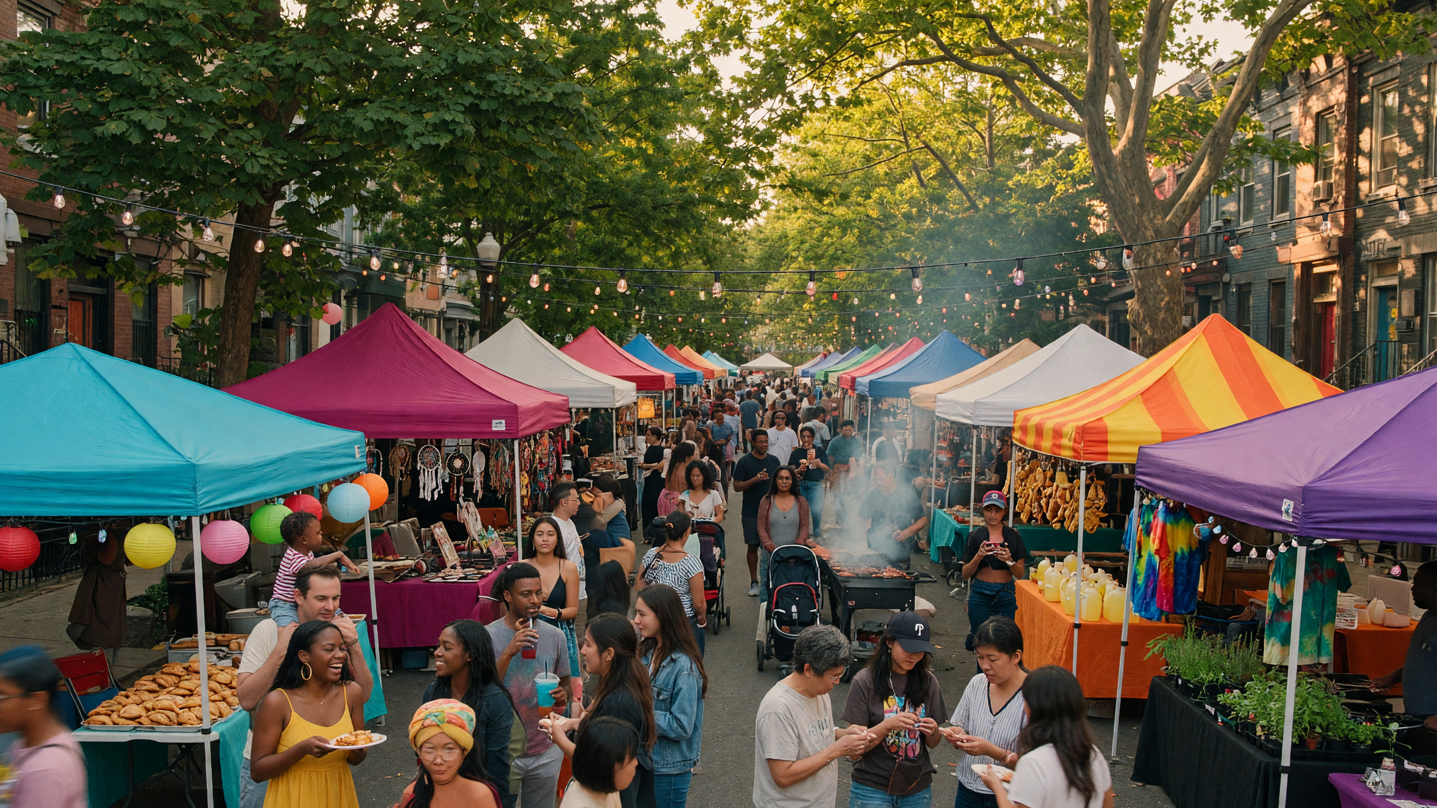 Outdoor street festival in Philadelphia with colorful vendor tents and people gathering
