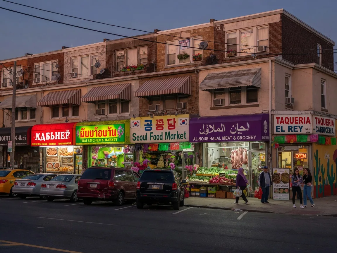 Diverse restaurant storefronts along Bustleton Avenue in Northeast Philadelphia, showing the multicultural dining corridor with international grocery stores and eateries