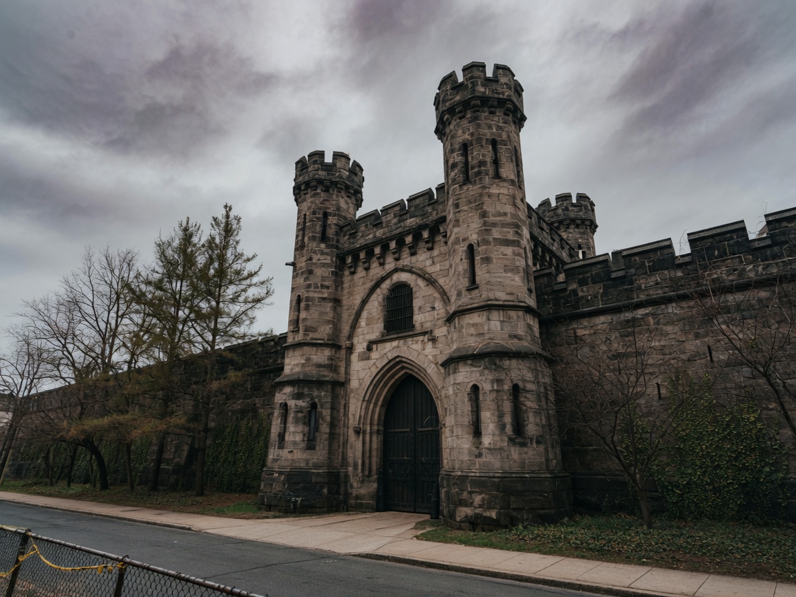 Eastern State Penitentiary in Fairmount Philadelphia, the imposing Gothic Revival stone facade with its medieval turrets and massive walls rising above surrounding trees