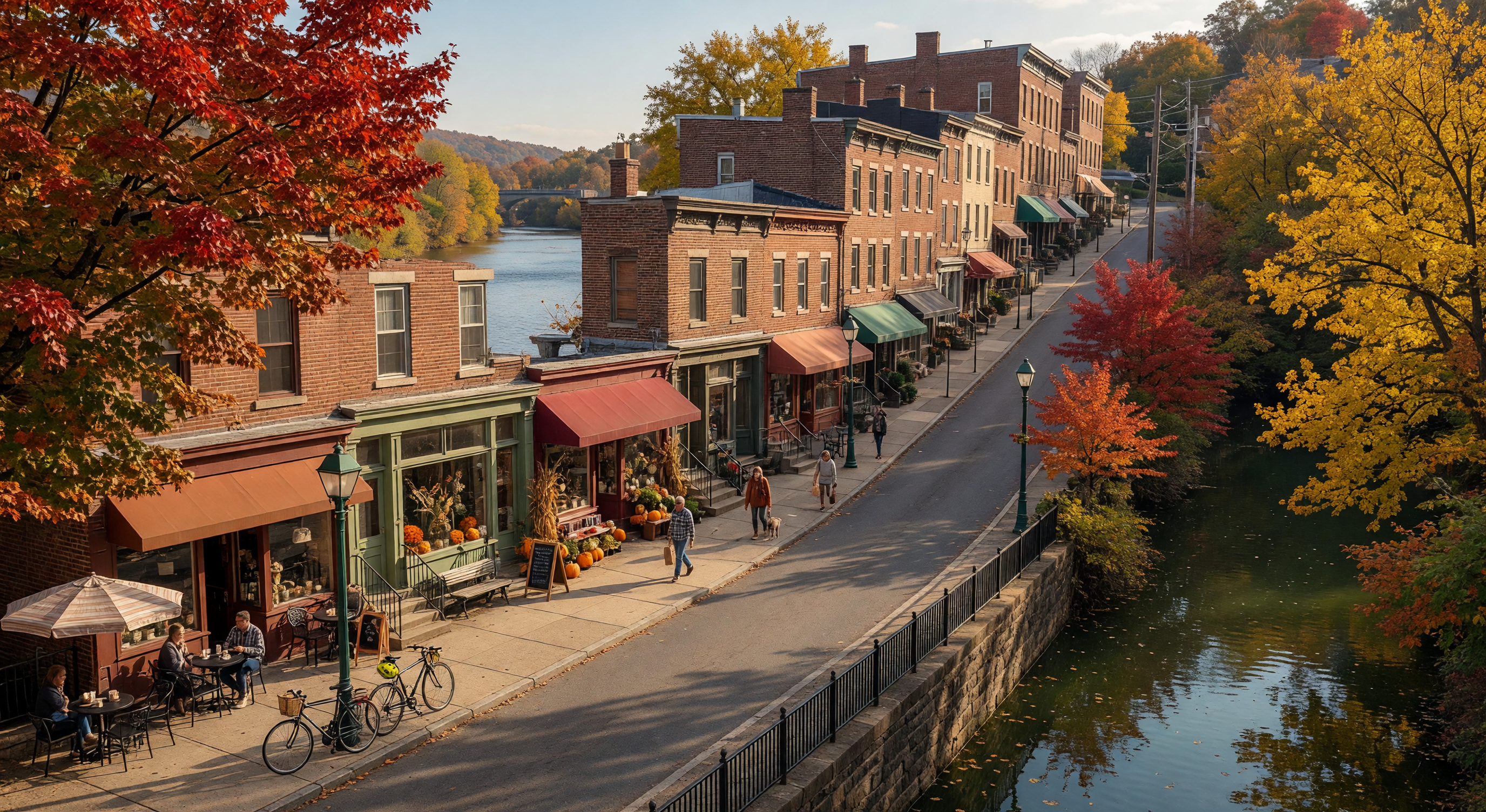 A cyclist riding along the Manayunk Canal Towpath with tree-lined canal water and stone walls